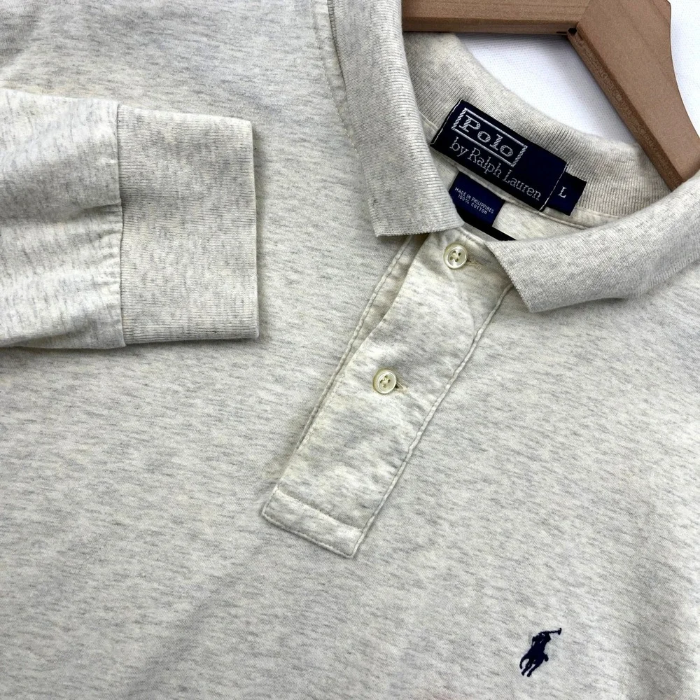 Polo Ralph Lauren Mens Large Long Sleeve Polo Shirt Oatmeal Cream Heather
